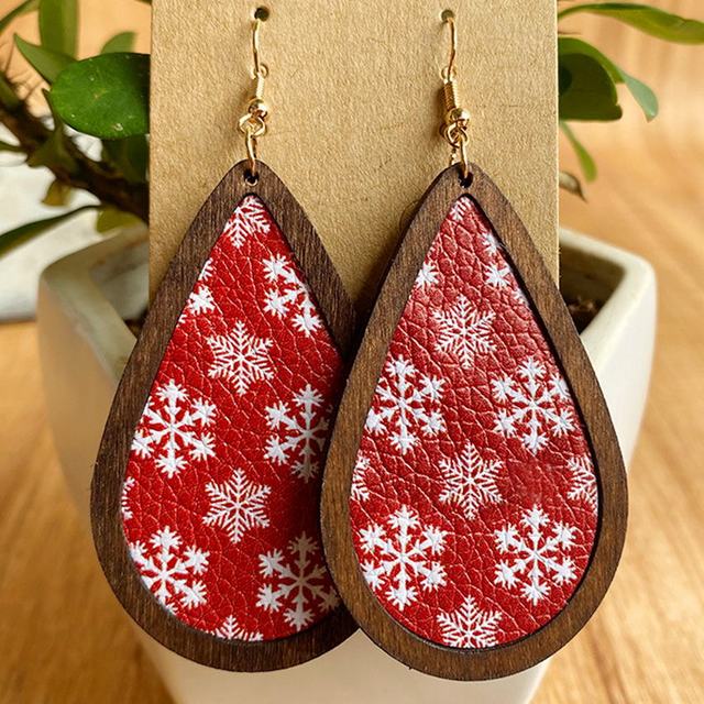 Duże, czerwono-w kratę kolczyki wiszące z PU skóry i drewna - modna biżuteria bożonarodzeniowa - Wianko - 40