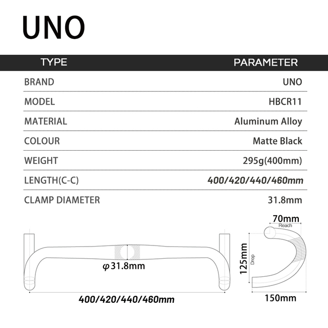 Kierownica rowerowa UNO Ultralight Drop Bar 31.8x40 0/420/440/460mm - rączka rowerowa do wyścigowego roweru szosowego - Wianko - 1