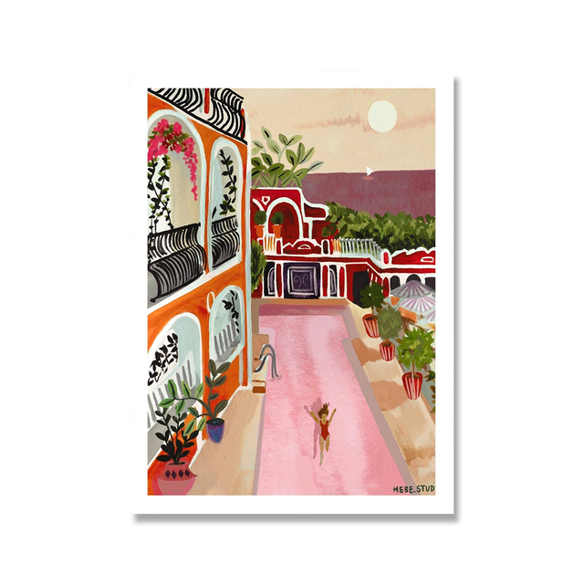 Plakat na płótnie z malarstwem skandynawskim - Wybrzeże Amalfi, Nordic, dziewięć łuków, różowy dom, kot - Wianko - 8