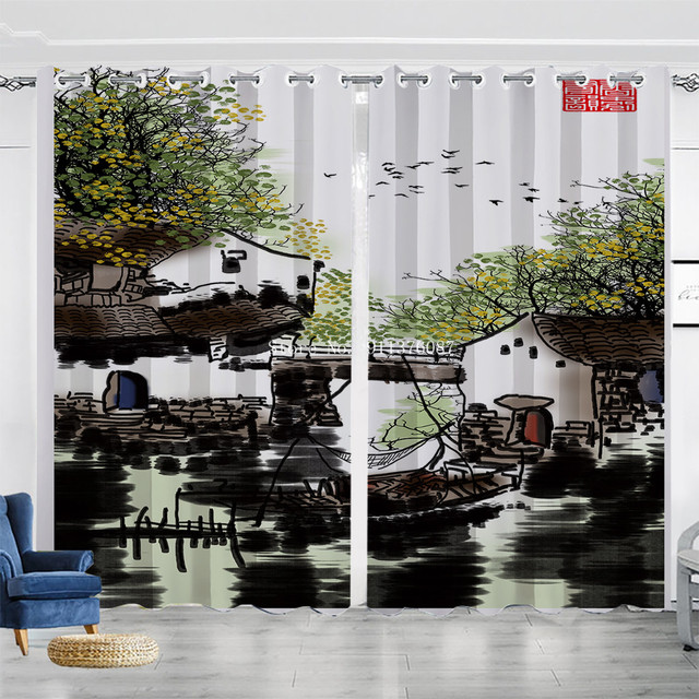 Koc z tkaniny poliestrowej o stylu krajobrazowym i chińskim atramencie zaciemniający okna w salonie, sypialni i kuchni - Wianko - 19