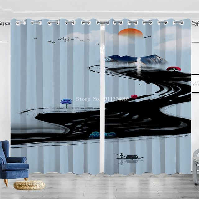 Koc z tkaniny poliestrowej o stylu krajobrazowym i chińskim atramencie zaciemniający okna w salonie, sypialni i kuchni - Wianko - 20