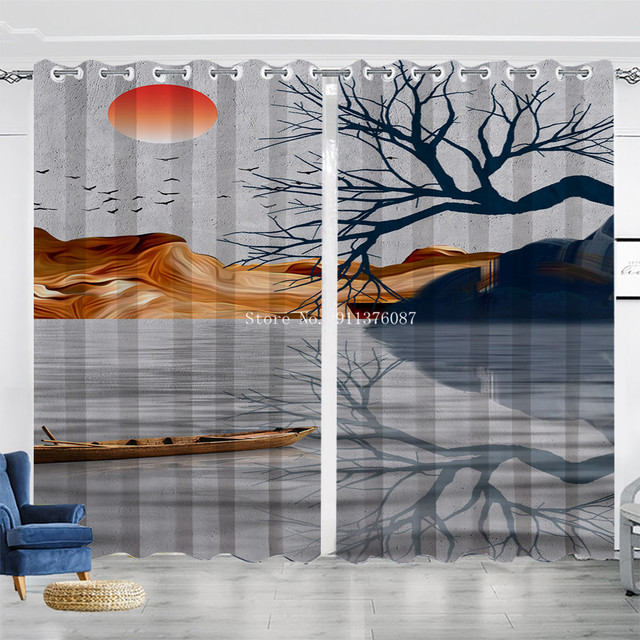 Koc z tkaniny poliestrowej o stylu krajobrazowym i chińskim atramencie zaciemniający okna w salonie, sypialni i kuchni - Wianko - 9