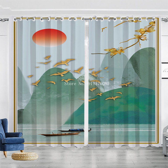 Koc z tkaniny poliestrowej o stylu krajobrazowym i chińskim atramencie zaciemniający okna w salonie, sypialni i kuchni - Wianko - 11