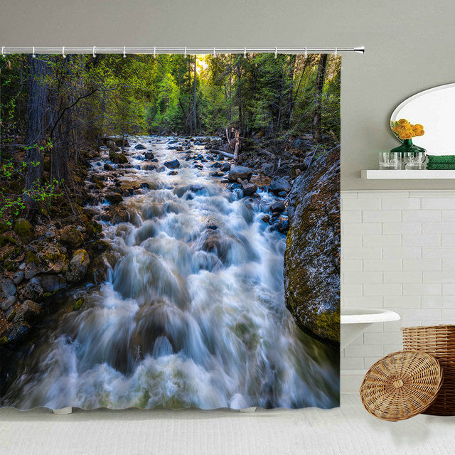 Zasłona prysznicowa z leśną scenerią, wodospadem i drzewami - jesień, dekoracje do łazienki - Wianko - 3