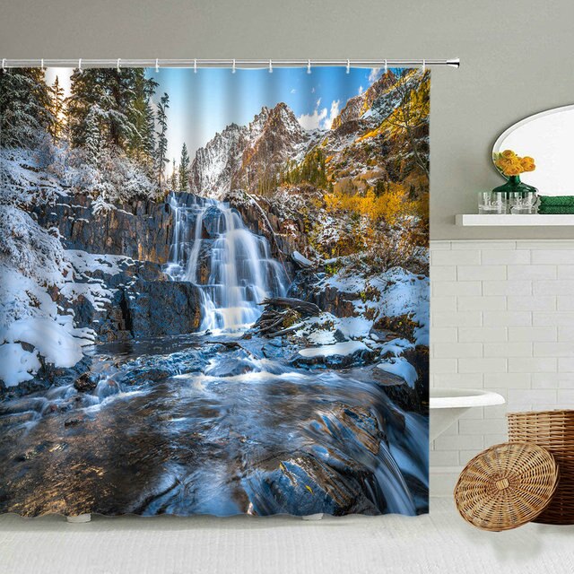 Zasłona prysznicowa z leśną scenerią, wodospadem i drzewami - jesień, dekoracje do łazienki - Wianko - 2