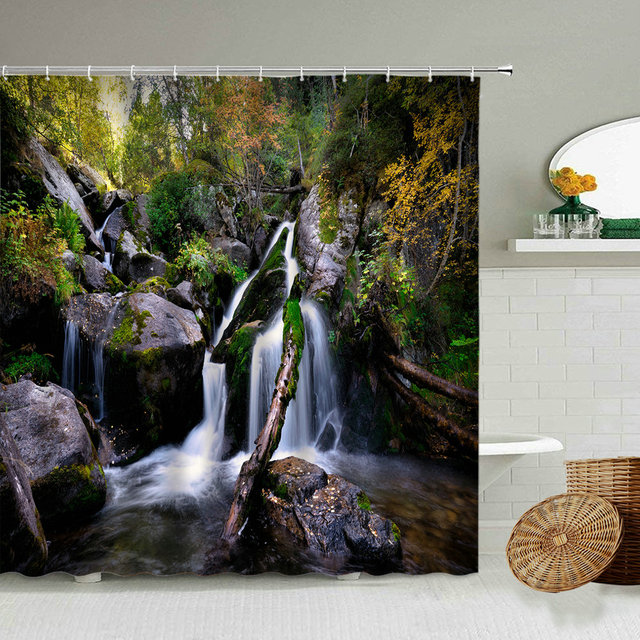Zasłona prysznicowa z leśną scenerią, wodospadem i drzewami - jesień, dekoracje do łazienki - Wianko - 7