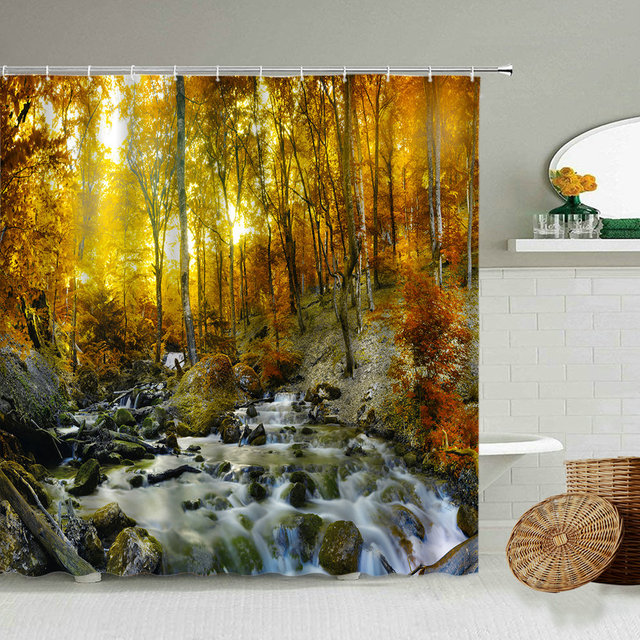 Zasłona prysznicowa z leśną scenerią, wodospadem i drzewami - jesień, dekoracje do łazienki - Wianko - 9
