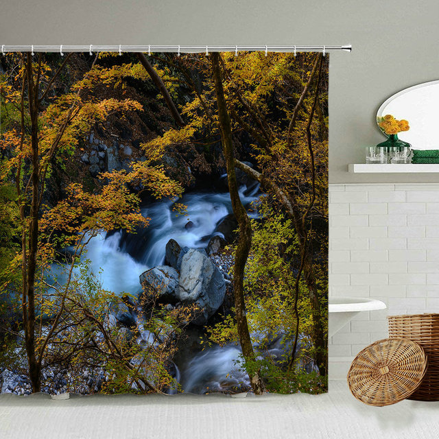 Zasłona prysznicowa z leśną scenerią, wodospadem i drzewami - jesień, dekoracje do łazienki - Wianko - 6