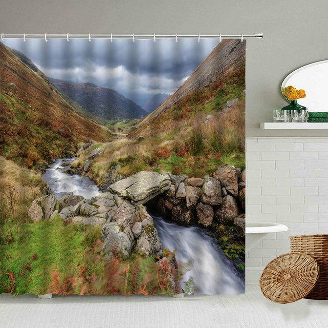 Zasłona prysznicowa z leśną scenerią, wodospadem i drzewami - jesień, dekoracje do łazienki - Wianko - 10