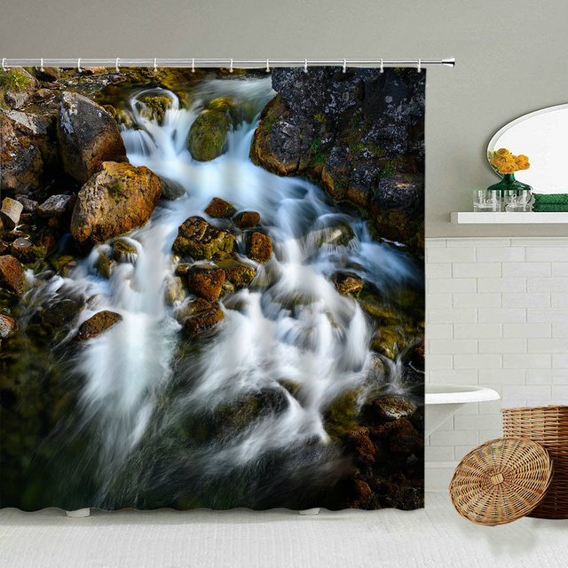 Zasłona prysznicowa z leśną scenerią, wodospadem i drzewami - jesień, dekoracje do łazienki - Wianko - 8