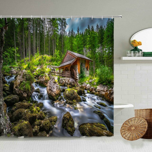 Zasłona prysznicowa z leśną scenerią, wodospadem i drzewami - jesień, dekoracje do łazienki - Wianko - 4