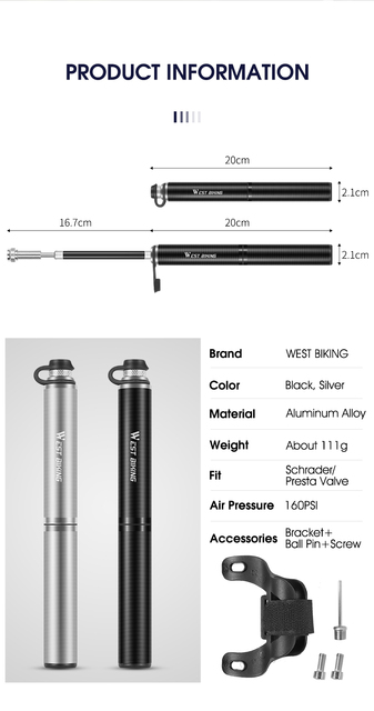 WEST BIKING Mini wysokociśnieniowa pompka rowerowa - przenośna z wężem, do górskich i szosowych rowerów - zawór Schrader i Presta - kolarstwo - Wianko - 4