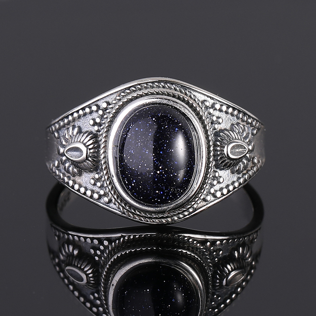 Pierścień biżuteria Retro z naturalnym niebieskim piaskowcem 8x10MM, srebro 925, owalny, dla kobiet - prezent, hurtownia, wesele - Wianko - 3