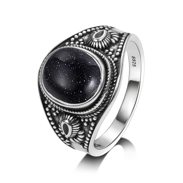 Pierścień biżuteria Retro z naturalnym niebieskim piaskowcem 8x10MM, srebro 925, owalny, dla kobiet - prezent, hurtownia, wesele - Wianko - 1