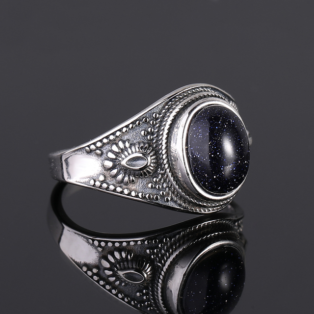 Pierścień biżuteria Retro z naturalnym niebieskim piaskowcem 8x10MM, srebro 925, owalny, dla kobiet - prezent, hurtownia, wesele - Wianko - 2