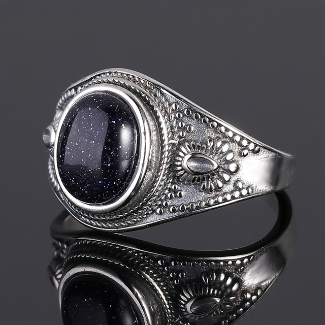 Pierścień biżuteria Retro z naturalnym niebieskim piaskowcem 8x10MM, srebro 925, owalny, dla kobiet - prezent, hurtownia, wesele - Wianko - 5
