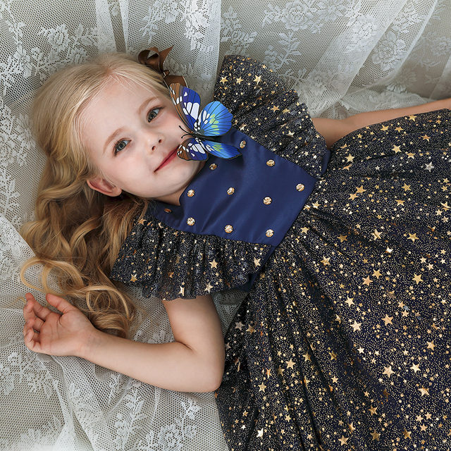 Sukienka dla małych dziewcząt z siateczkowymi rękawami, cekinami i gwiazdkowymi zdobieniami na ślub lub inną uroczystość - dla 1-5 lat - Wianko - 4