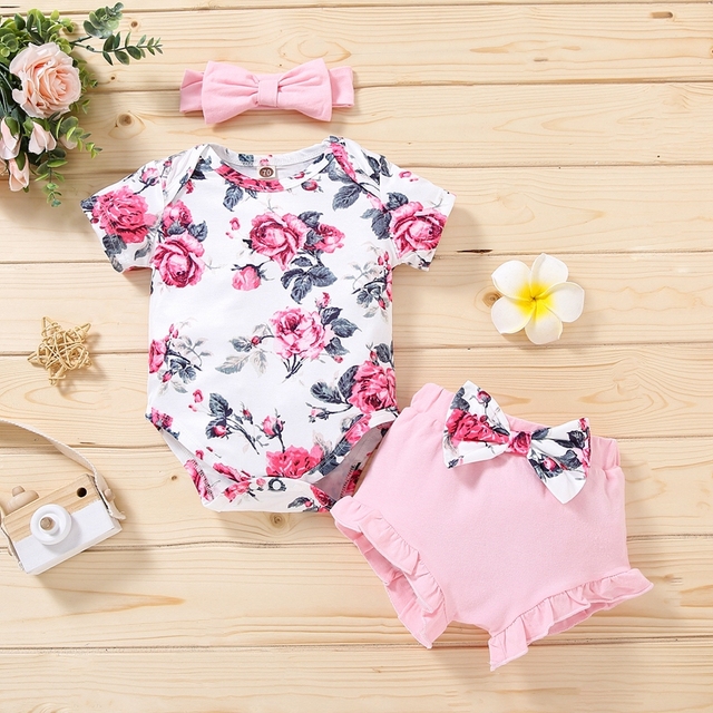 Zestaw ubrań noworodka dla dziewczynki: Romper z krótkim rękawem kwiatowy Print + spodenki + pałąk - Wianko - 13