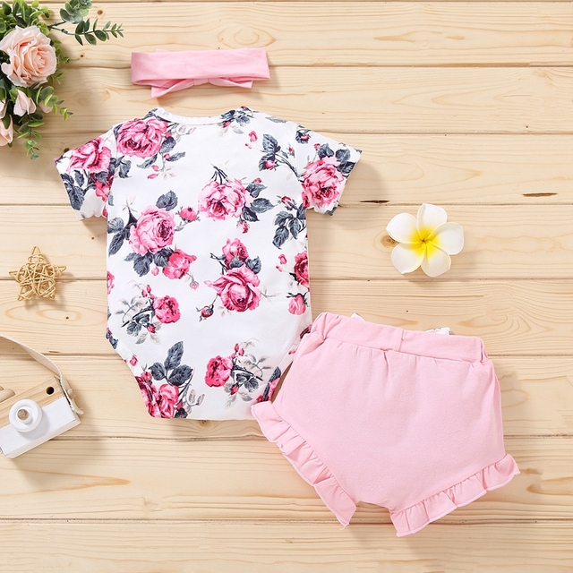 Zestaw ubrań noworodka dla dziewczynki: Romper z krótkim rękawem kwiatowy Print + spodenki + pałąk - Wianko - 14