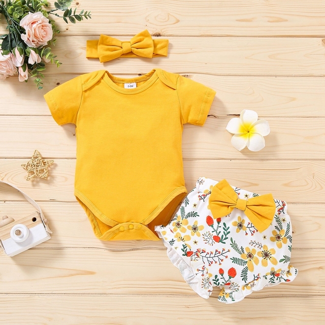 Zestaw ubrań noworodka dla dziewczynki: Romper z krótkim rękawem kwiatowy Print + spodenki + pałąk - Wianko - 3