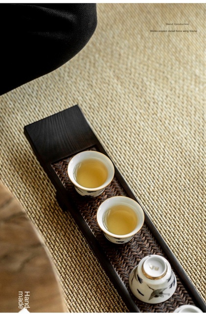 Uchwyt na kubek bambusowy taca drewniana z mata ręcznie tkana, stolik do herbaty Retro Kung Fu zestaw - Wianko - 9