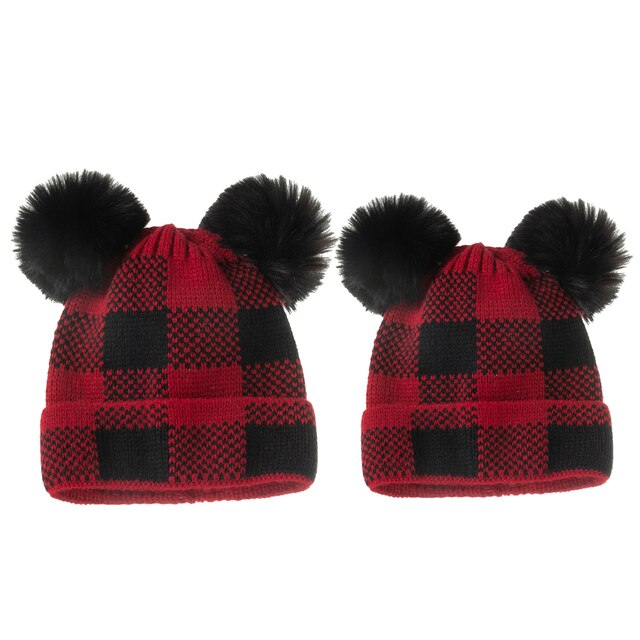 Jesienno-zimowa dzianinowa czapka rodzic-dziecko w kratkę z pluszową piłką - ciepła i wiatroszczelna - Wianko - 23