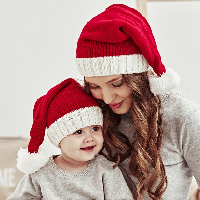 Jesienno-zimowa dzianinowa czapka rodzic-dziecko w kratkę z pluszową piłką - ciepła i wiatroszczelna - Wianko - 1