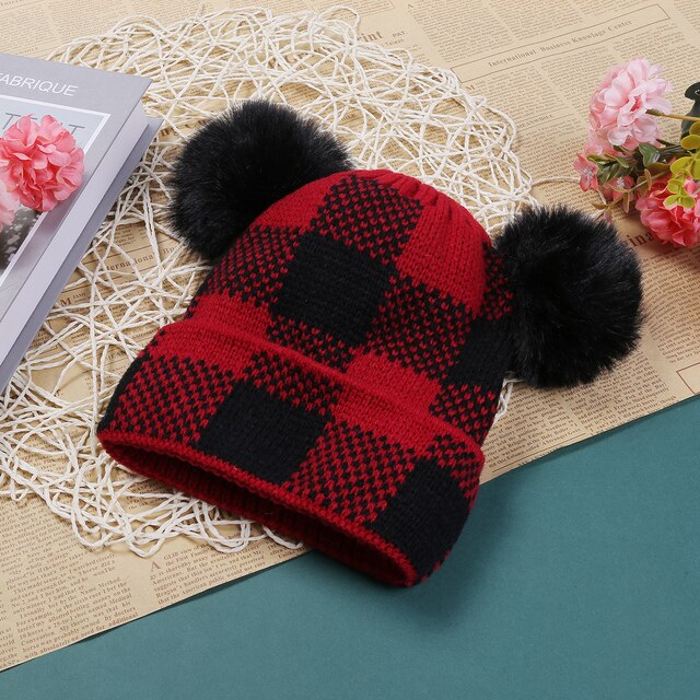 Jesienno-zimowa dzianinowa czapka rodzic-dziecko w kratkę z pluszową piłką - ciepła i wiatroszczelna - Wianko - 20