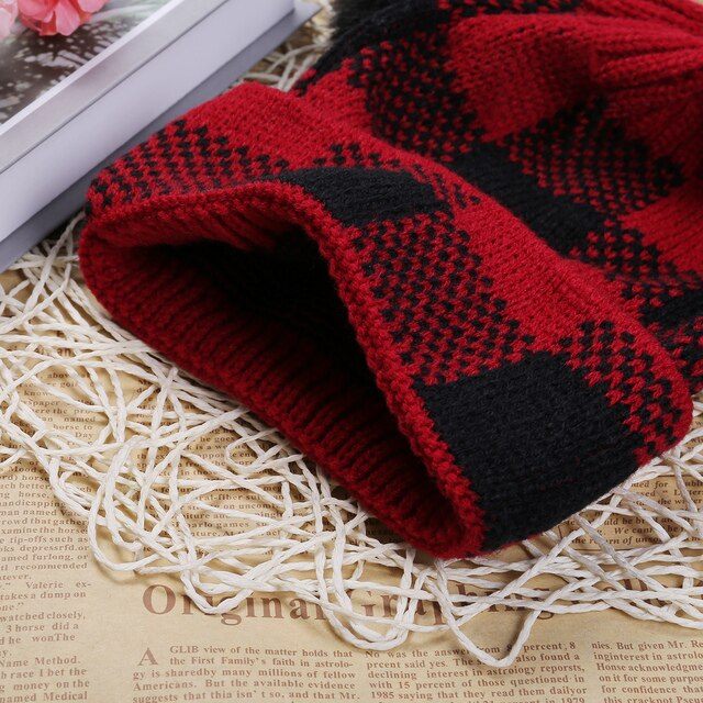 Jesienno-zimowa dzianinowa czapka rodzic-dziecko w kratkę z pluszową piłką - ciepła i wiatroszczelna - Wianko - 21