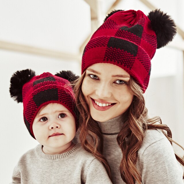 Jesienno-zimowa dzianinowa czapka rodzic-dziecko w kratkę z pluszową piłką - ciepła i wiatroszczelna - Wianko - 6