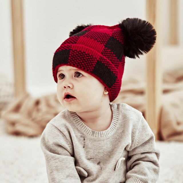 Jesienno-zimowa dzianinowa czapka rodzic-dziecko w kratkę z pluszową piłką - ciepła i wiatroszczelna - Wianko - 10