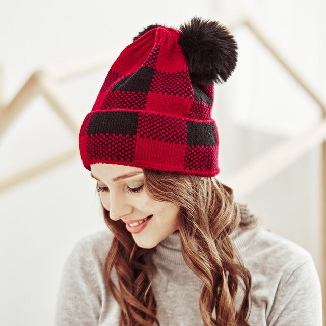 Jesienno-zimowa dzianinowa czapka rodzic-dziecko w kratkę z pluszową piłką - ciepła i wiatroszczelna - Wianko - 8