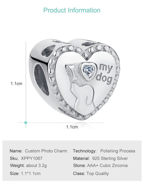 Personalizowane koraliki - ELESHE 925 Sterling Silver, kocham mój wisiorek dla psa, serce z zdjęciem, fit do oryginalnej bransoletki DIY, biżuteria 2021 - Wianko - 8