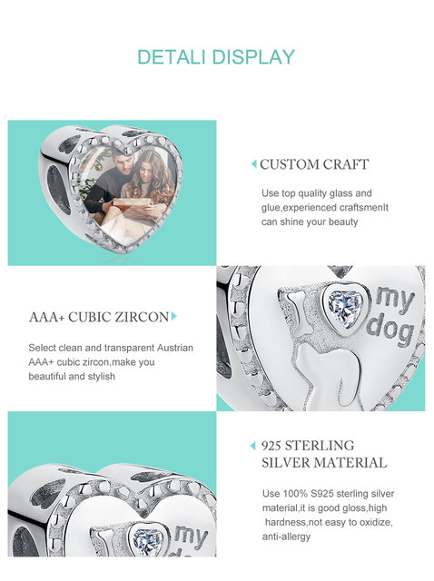 Personalizowane koraliki - ELESHE 925 Sterling Silver, kocham mój wisiorek dla psa, serce z zdjęciem, fit do oryginalnej bransoletki DIY, biżuteria 2021 - Wianko - 9