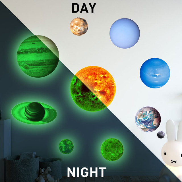 Naklejki ścienne: Świecące naklejki Dziewięć planet układu słonecznego, Ziemia i świecący Księżyc - dekoracja sypialni, salonu czy pokoju dziecięcego - Wianko - 3