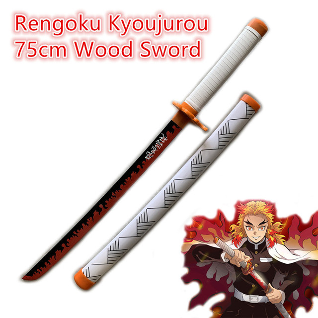 Miecz Ninja Rengoku Kyoujurou z Demon Slayer Kimetsu nie Yaiba - Prop zabawkowy 1:1, biały ogień, drewno, 80cm - Wianko - 1
