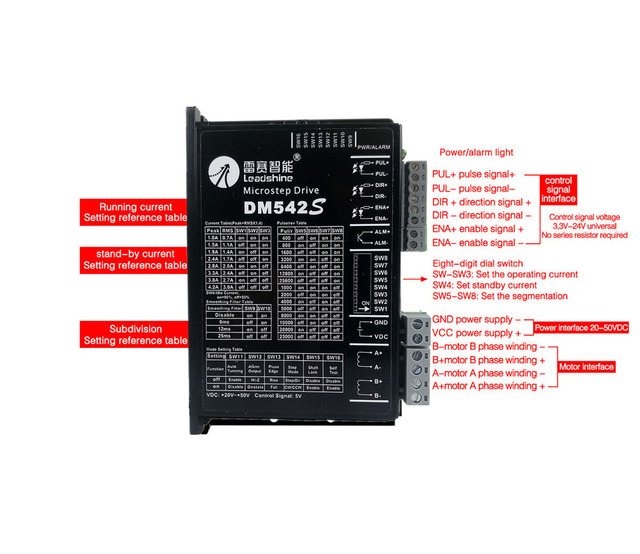 Lubieżny sterownik silnika krokowego Leadshine DM542S DC24V-50V 2-fazowy, obsługujący silniki krokowe rok 42/57 (NEMA17/23) o prądzie 1.0-4.2A - Wianko - 3