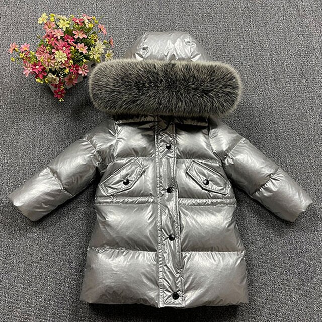 Długa kurtka puchowa dla dzieci 2-10 lat, zimowa, z kołnierzem z prawdziwego futra, grube ubranie narciarskie -30 stopni - Wianko - 23