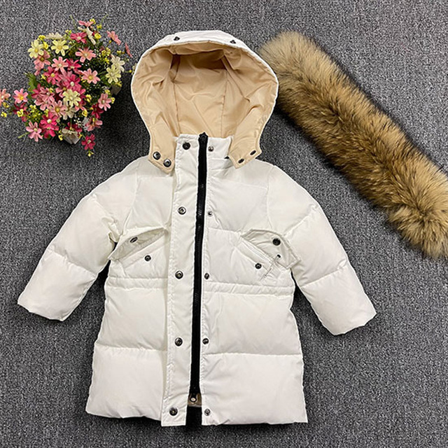 Długa kurtka puchowa dla dzieci 2-10 lat, zimowa, z kołnierzem z prawdziwego futra, grube ubranie narciarskie -30 stopni - Wianko - 3