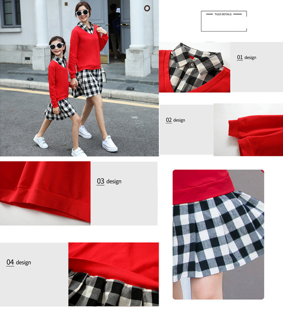 Pasujące rodzinne stroje: Czerwona dwuczęściowa sukienka dla mamy i córki oraz bluza dla taty i syna - wiosna/jesień moda - Wianko - 3