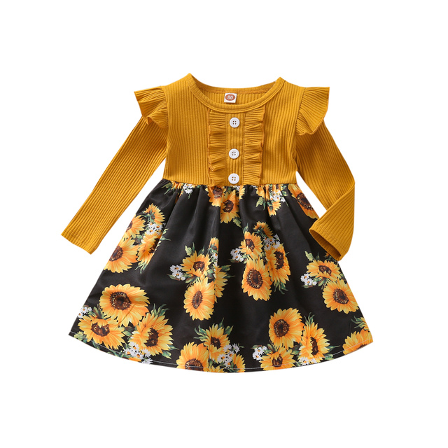 Dziewczęce sukienki z dekoracyjnymi guzikami, ramiączkami o fasonie o-neck i kwiatowym motywem słonecznika - 95% bawełny, od 12M do 4T - Wianko - 10