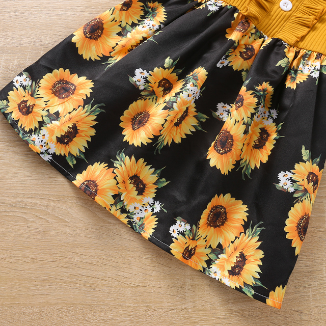 Dziewczęce sukienki z dekoracyjnymi guzikami, ramiączkami o fasonie o-neck i kwiatowym motywem słonecznika - 95% bawełny, od 12M do 4T - Wianko - 7