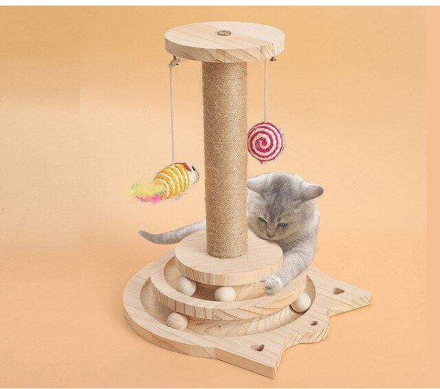 Zabawka dla kota - drewniana wieża z 3 poziomami, tunel, myszy i piłka - Wianko - 7