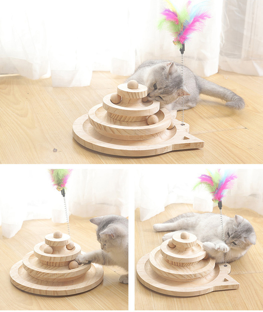 Zabawka dla kota - drewniana wieża z 3 poziomami, tunel, myszy i piłka - Wianko - 6