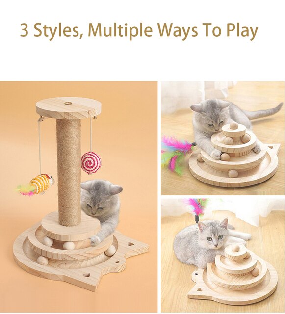 Zabawka dla kota - drewniana wieża z 3 poziomami, tunel, myszy i piłka - Wianko - 2