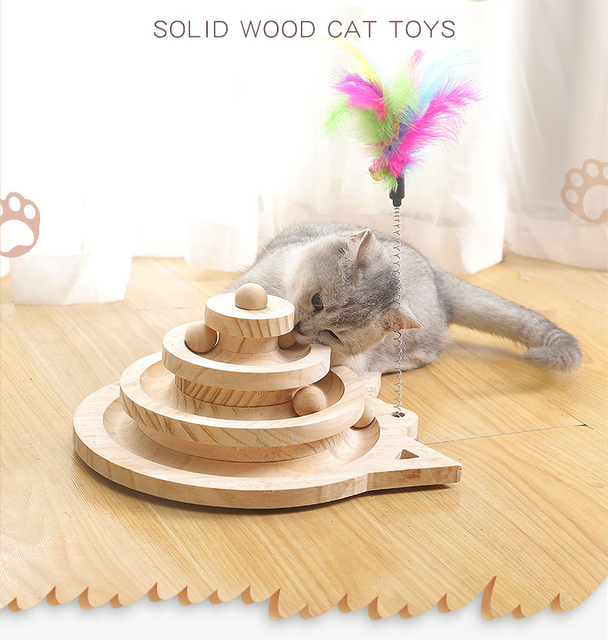 Zabawka dla kota - drewniana wieża z 3 poziomami, tunel, myszy i piłka - Wianko - 1