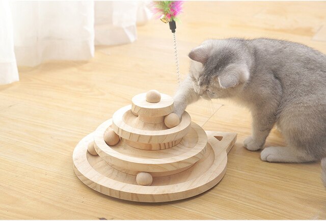 Zabawka dla kota - drewniana wieża z 3 poziomami, tunel, myszy i piłka - Wianko - 11