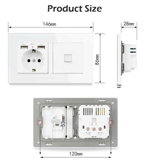 Gniazdo elektryczne ESOOLI z 2 portami USB do ładowania + 1 gniazdo RJ11 2 rdzeniowe do telefonii z panelu ze szkła hartowanego - Wianko - 2