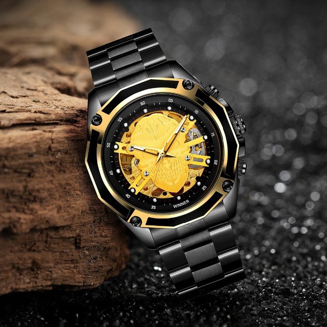 Zegarek męski Steampunk czarny ze stali nierdzewnej ruch mechaniczny szkieletowy - Zwycięzca 2019 - Wianko - 10