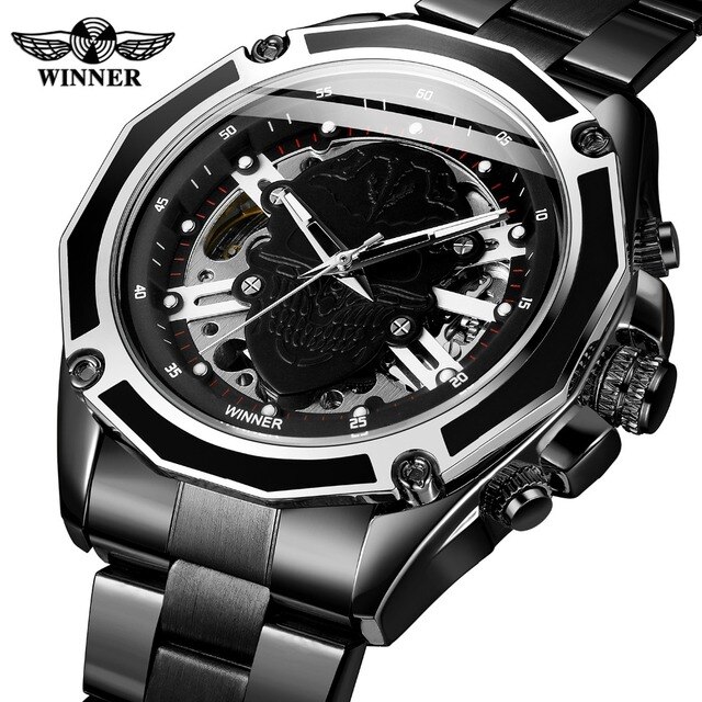 Zegarek męski Steampunk czarny ze stali nierdzewnej ruch mechaniczny szkieletowy - Zwycięzca 2019 - Wianko - 92
